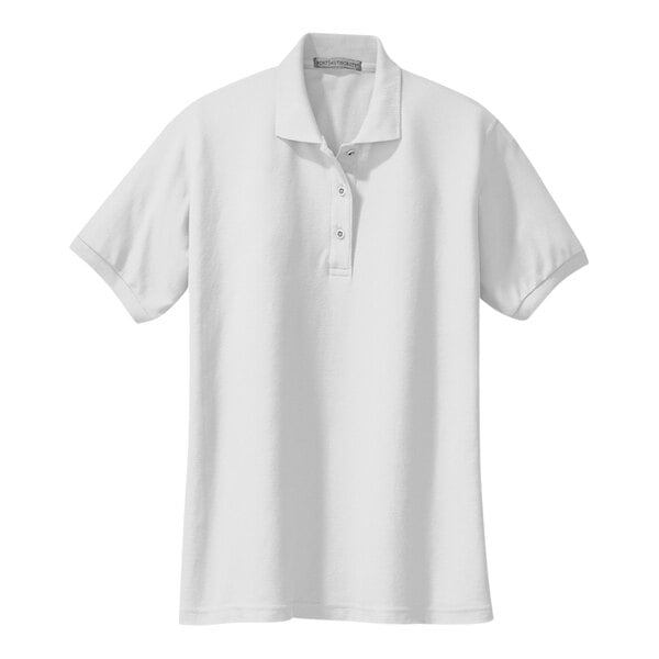 A white Port Authority women's short sleeve polo shirt.