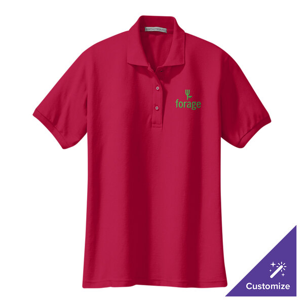 A red Port Authority short sleeve polo shirt with a green logo.