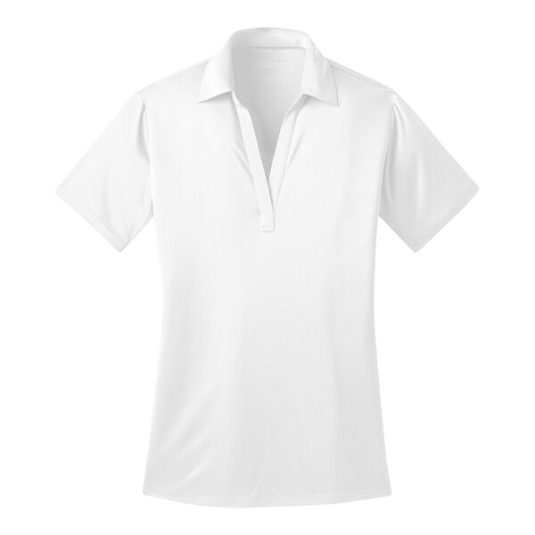 A close-up of a Port Authority women's white collared polo shirt.