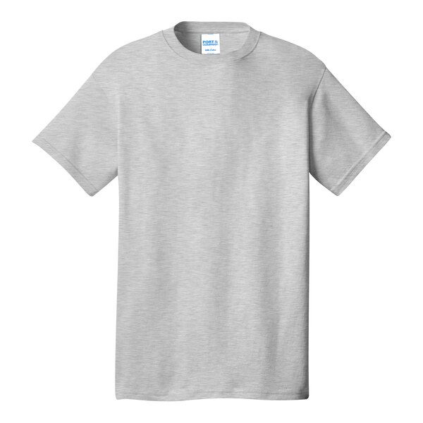 A grey Port & Company short sleeve t-shirt with a blue label.