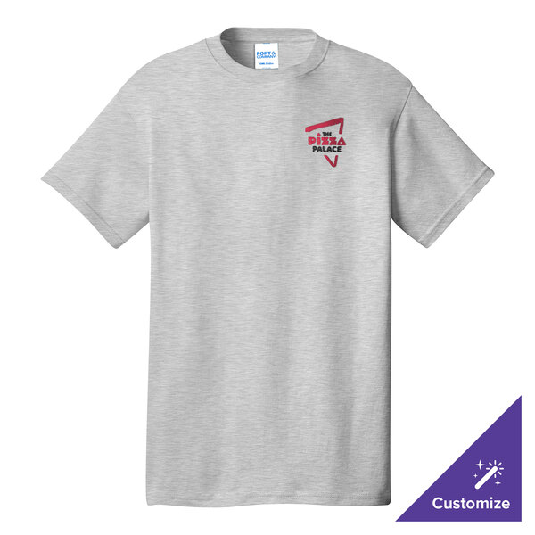 A grey Port & Company short sleeve t-shirt with a red and white logo.