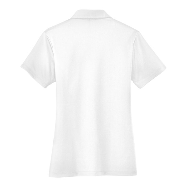 A close up of a white Port Authority women's short sleeve polo shirt.