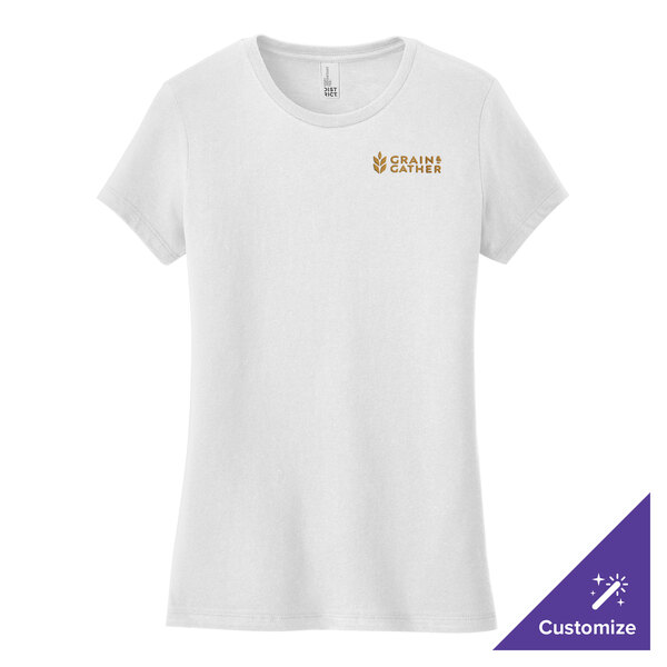 A white District women's t-shirt with gold embroidery.