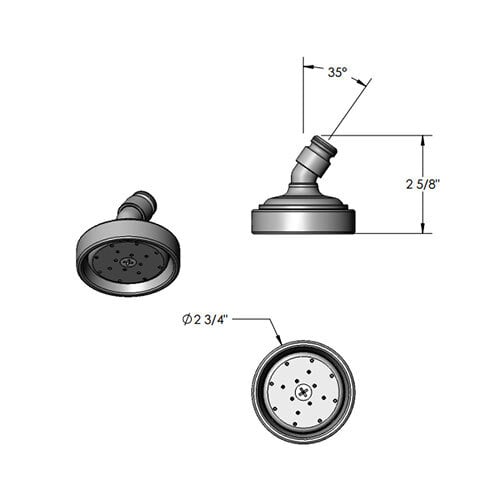 A diagram of a T&S gray angled spray head assembly with a round metal handle.