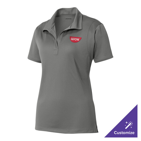 A small women's grey Sport-Tek polo shirt with a red logo on it.