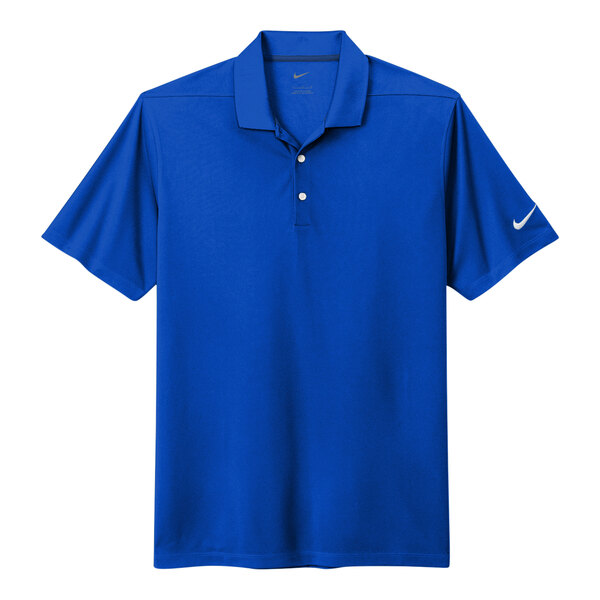 A blue Nike polo shirt with a white collar and white Nike logo on the sleeve.