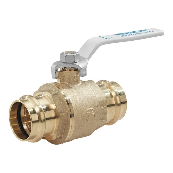 A Watts brass ball valve with a white handle.