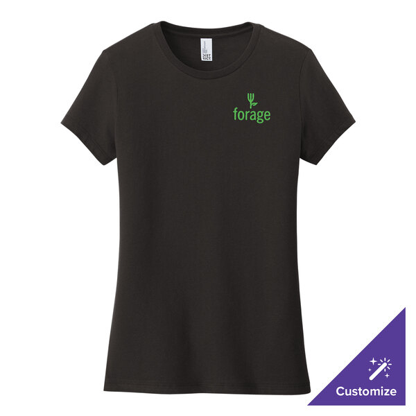 A District women's black short sleeve t-shirt with a green logo.