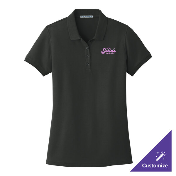 A black Port Authority women's polo shirt with pink text that says Stix.