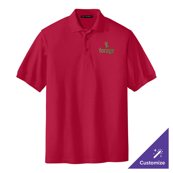 A red Port Authority polo shirt with a green logo.