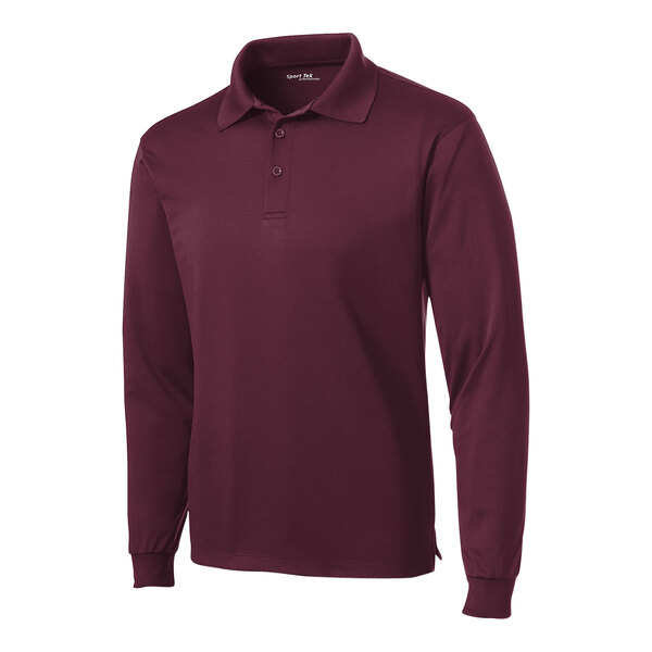 A medium unisex maroon Sport-Tek long sleeve polo shirt.
