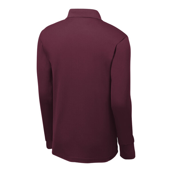 A medium unisex maroon Sport-Tek long sleeve polo shirt on a mannequin.