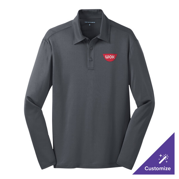 A Port Authority unisex steel gray long sleeve polo shirt with a logo on it.