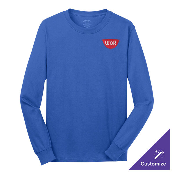 A medium royal blue Port & Company long sleeve shirt with a logo on it.