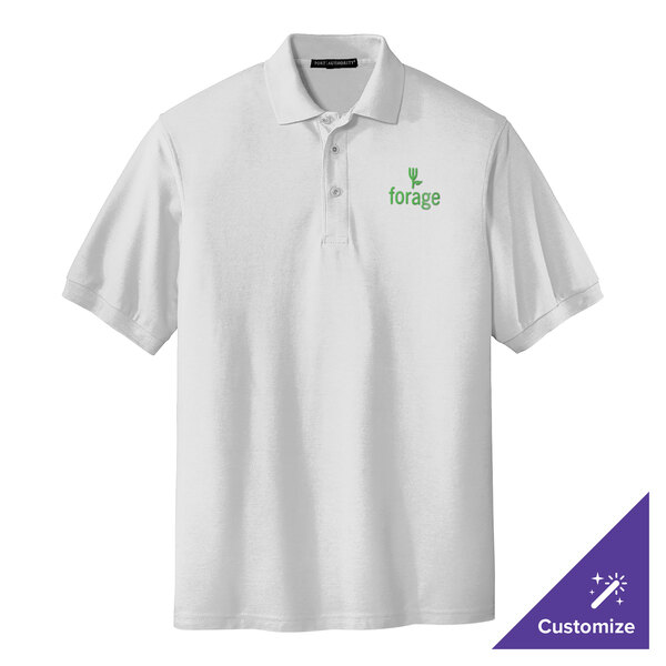 A white Port Authority polo shirt with a logo on it.