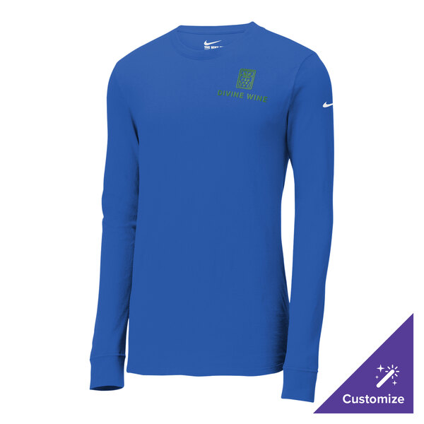 A blue Nike long sleeve Dri-FIT T-shirt with a green Nike logo.