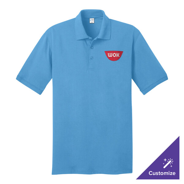 An extra large Port & Company blue polo shirt with a logo on it.