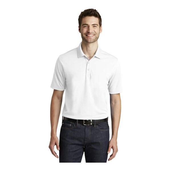 A man wearing a white Port Authority Dry Zone short sleeve polo shirt.