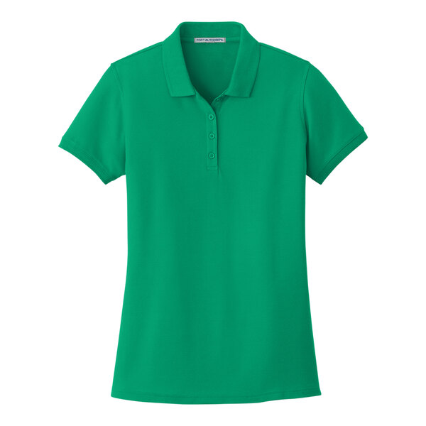 A Port Authority bright kelly green women's polo shirt.