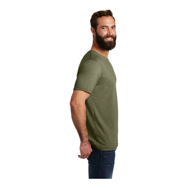 A man with a beard wearing a customizable olive green AllMade t-shirt.