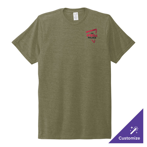 An olive green AllMade customizable t-shirt with a logo on it.