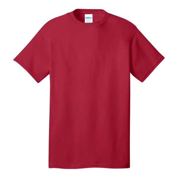 A red Port & Company short sleeve t-shirt with a white logo.