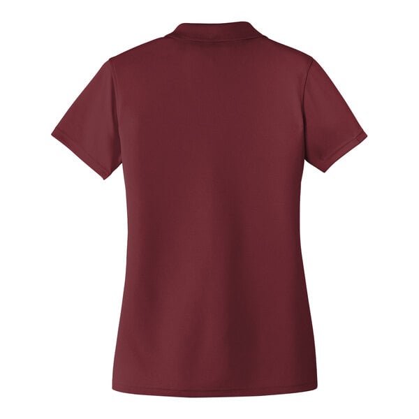 A Port Authority women's burgundy polo shirt.