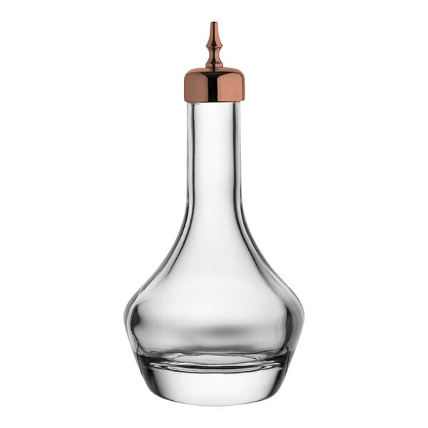 A clear glass Utopia Bitters Bottle with a copper top.