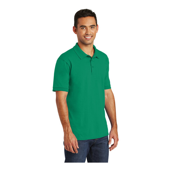 A man wearing a Port & Company Kelly green polo shirt.