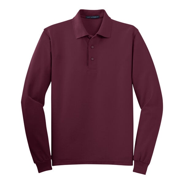 A Port Authority® burgundy long sleeve polo shirt.