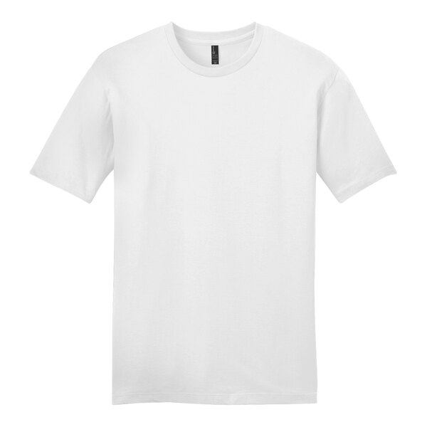 A close up of a white District T-shirt with black text on it.