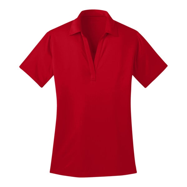 A red Port Authority women's silk touch polo shirt with a collar.