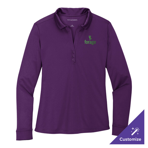 A women's bright purple long sleeve polo shirt.