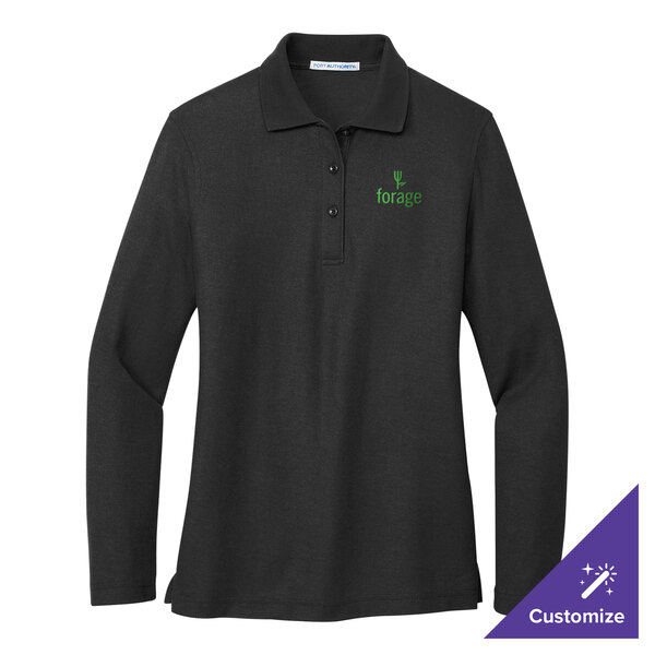 A black Port Authority women's long sleeve polo shirt with green embroidery.