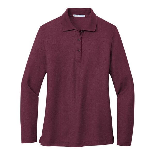A maroon Port Authority long sleeve polo shirt.