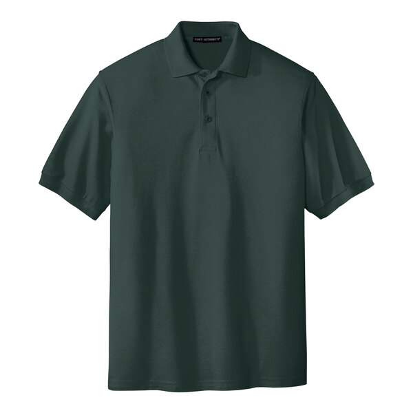 A dark green Port Authority Silk Touch Pique Polo shirt.
