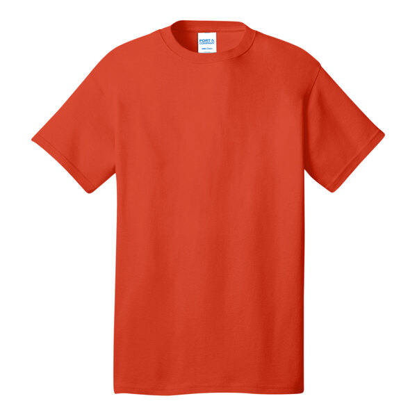 A close-up of an orange Port & Company short sleeve T-shirt.