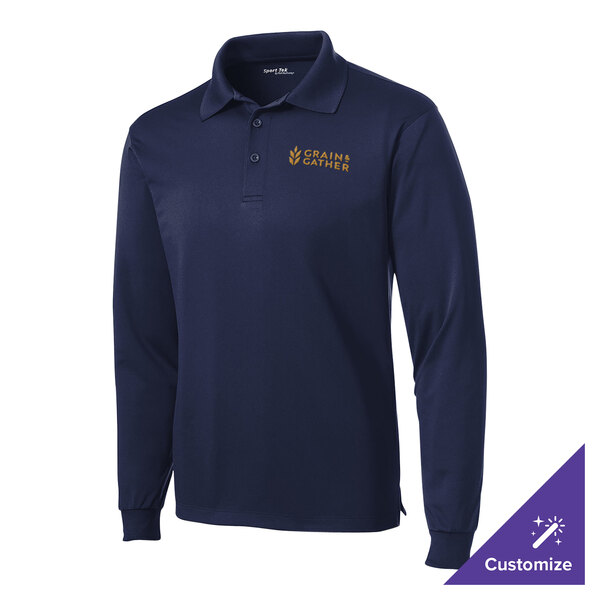 A Sport-Tek navy long sleeve polo with gold embroidery.