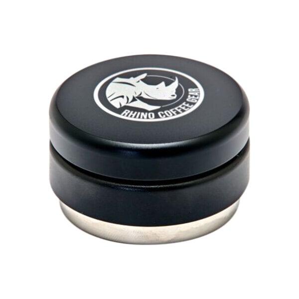 A black and silver Rhino Coffee Gear flat tamper with a white and black logo of a rhinoceros head.