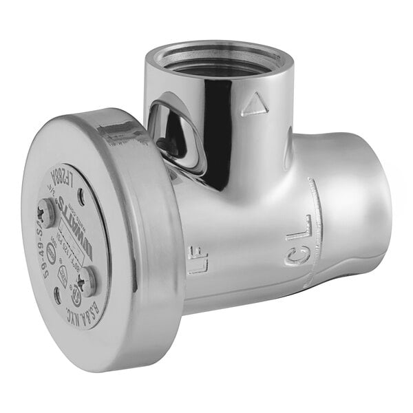 A Watts LF288A-C anti-siphon vacuum breaker with a polished chrome finish on a silver pipe with a round cap.