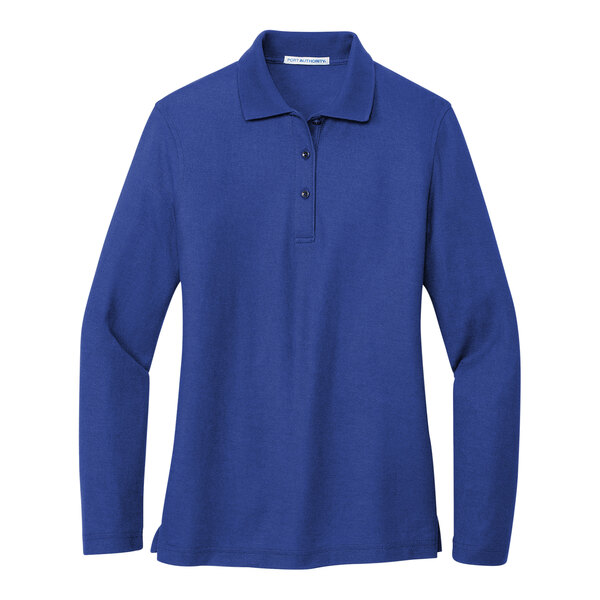A royal blue Port Authority long sleeve polo shirt.