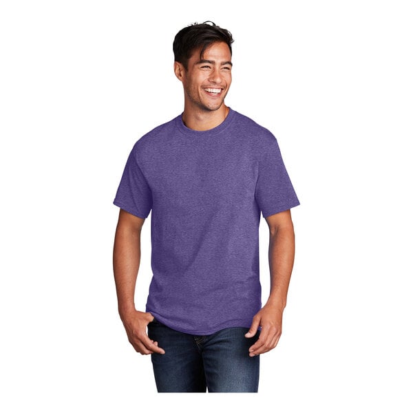 A man wearing a Port & Company heather purple cotton T-shirt.