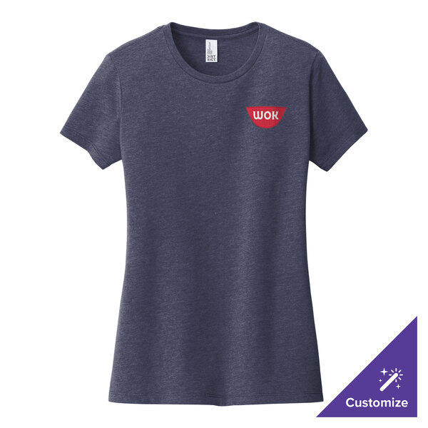A heathered navy District women's customizable t-shirt with a red logo.