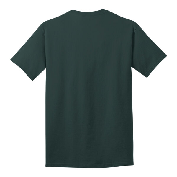 The back of a dark green Port & Company short sleeve t-shirt.