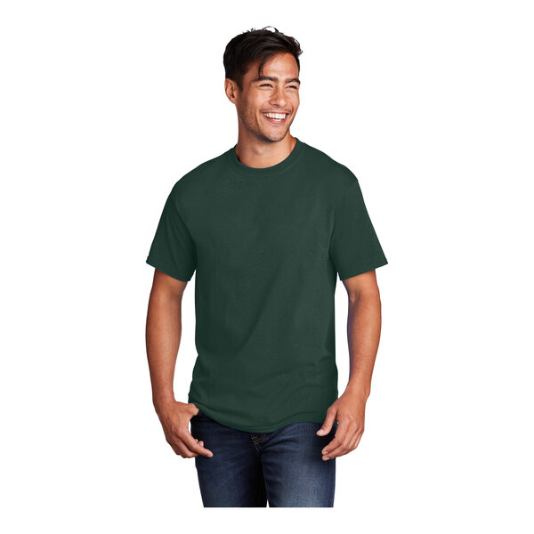 A man smiling and wearing a dark green Port & Company short sleeve t-shirt.