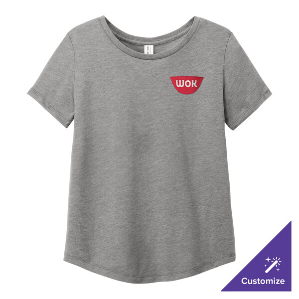 A women's grey AllMade customizable tri-blend t-shirt with a logo on it.