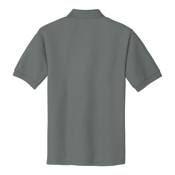 A small cool gray Port Authority silk touch polo shirt.