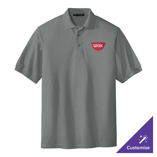 A small unisex Port Authority Cool Gray polo shirt with a logo on it.
