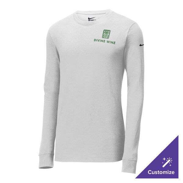 A white Nike long sleeve t-shirt with a white and green logo.