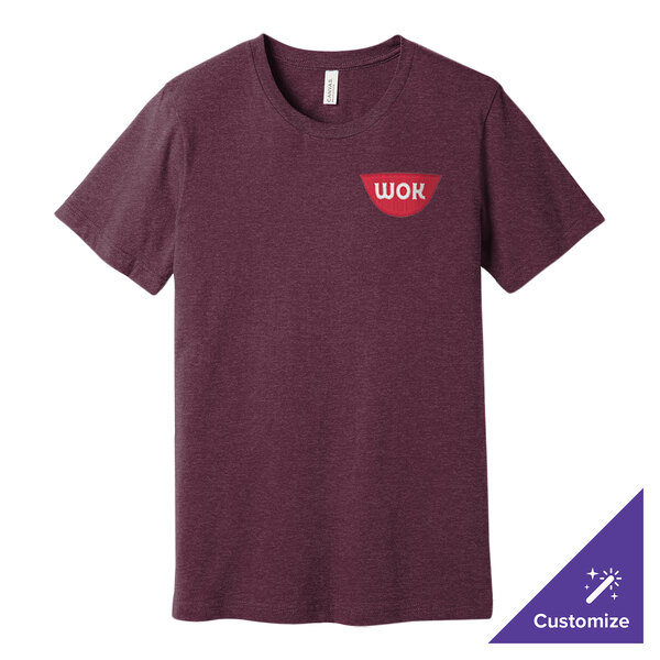 A heather maroon Bella + Canvas t-shirt with a logo on it.